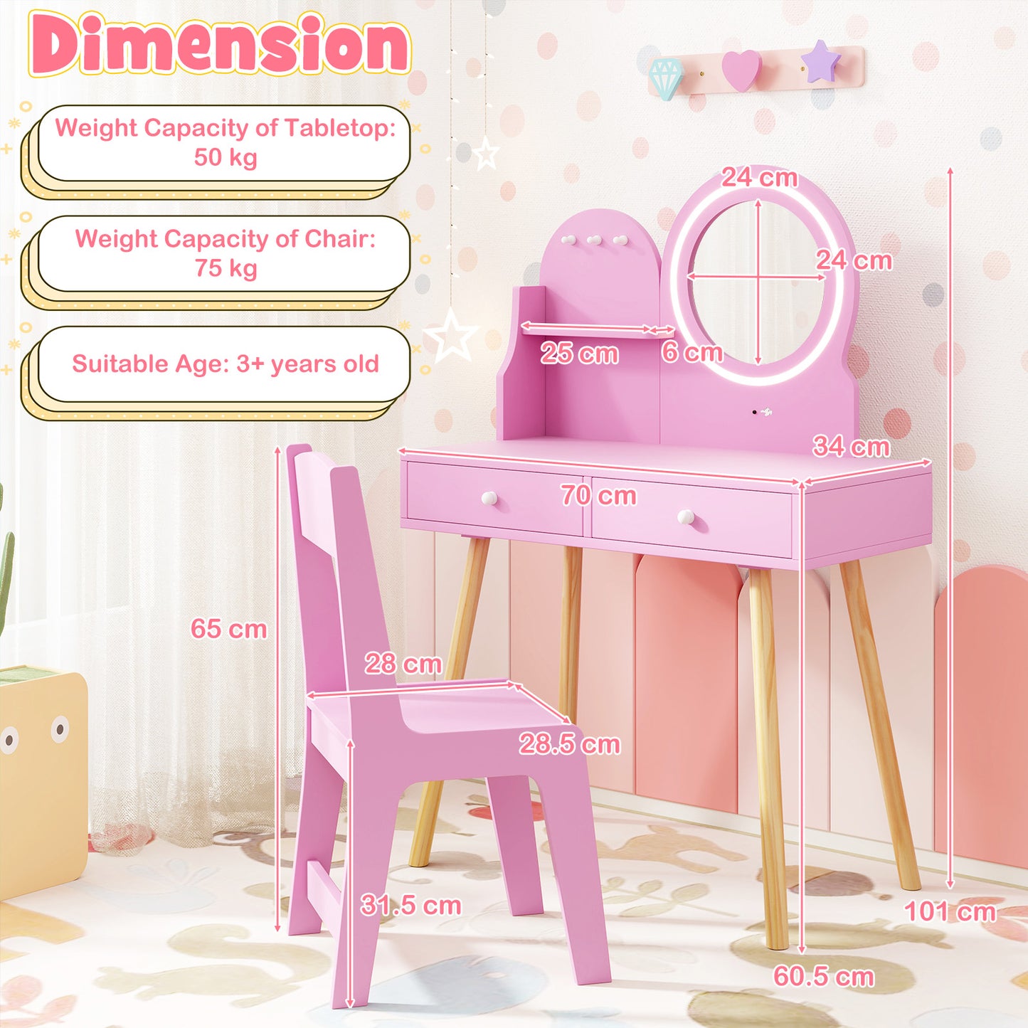 Kids Vanity Set with 2-Color Front Lit Mirror for 3+ Years-Pink