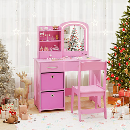 Kids Vanity Set with 2 Color Lighted Mirror and Storage Drawers-Pink