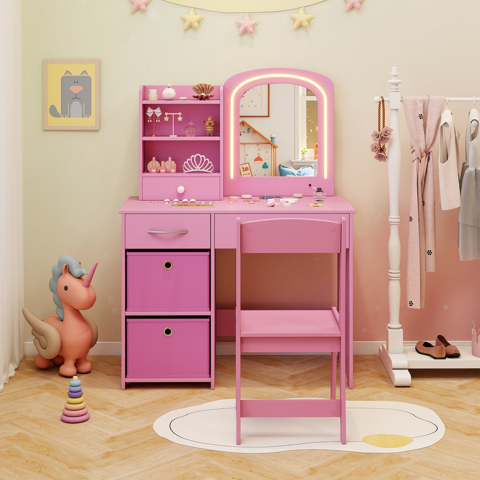 Kids Vanity Set with 2 Color Lighted Mirror and Storage Drawers-Pink