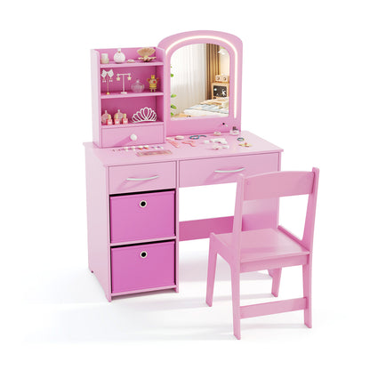 Kids Vanity Set with 2 Color Lighted Mirror and Storage Drawers-Pink