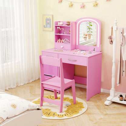 Kids Vanity Set with 2 Color Lighted Mirror and Storage Drawers-Pink