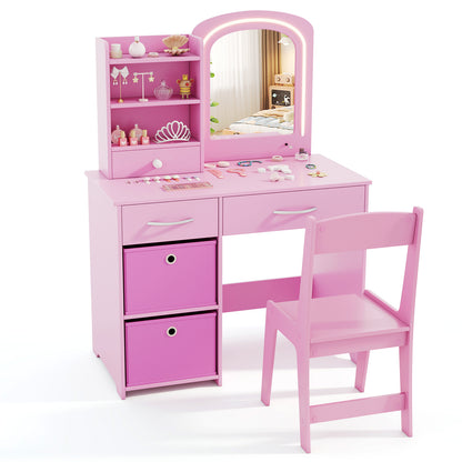 Kids Vanity Set with 2 Color Lighted Mirror and Storage Drawers-Pink
