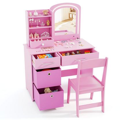 Kids Vanity Set with 2 Color Lighted Mirror and Storage Drawers-Pink