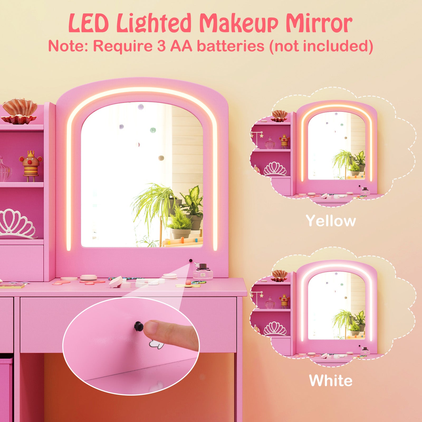 Kids Vanity Set with 2 Color Lighted Mirror and Storage Drawers-Pink