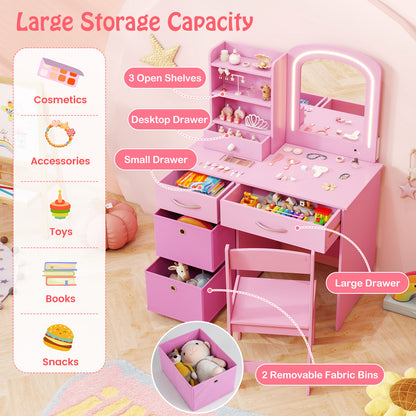 Kids Vanity Set with 2 Color Lighted Mirror and Storage Drawers-Pink