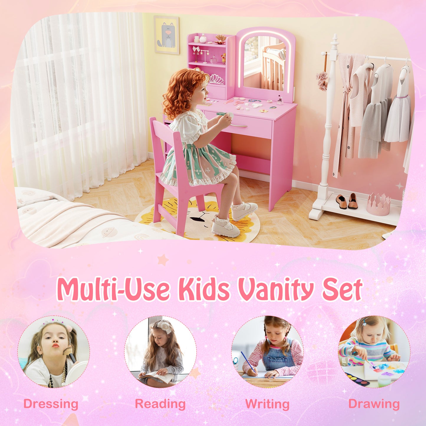 Kids Vanity Set with 2 Color Lighted Mirror and Storage Drawers-Pink