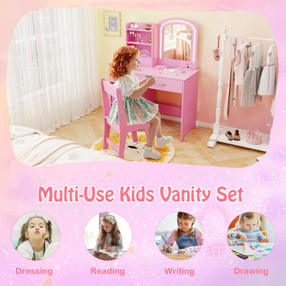 Kids Vanity Set with 2 Color Lighted Mirror and Storage Drawers-Pink