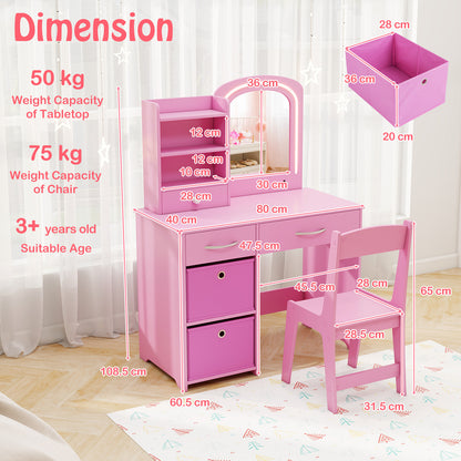 Kids Vanity Set with 2 Color Lighted Mirror and Storage Drawers-Pink