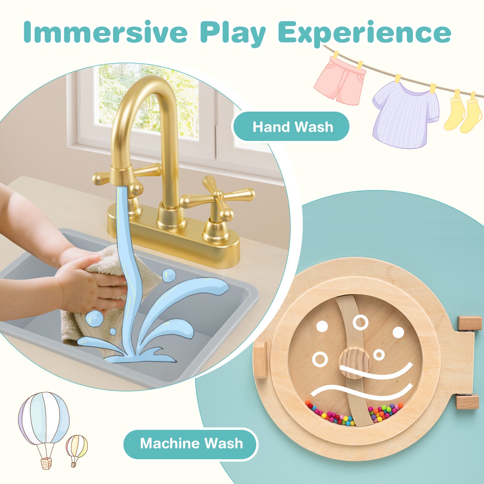 Kids Washer Playset Toy Washing Machine with Laundry Detergent and Hand Sanitizer-Blue