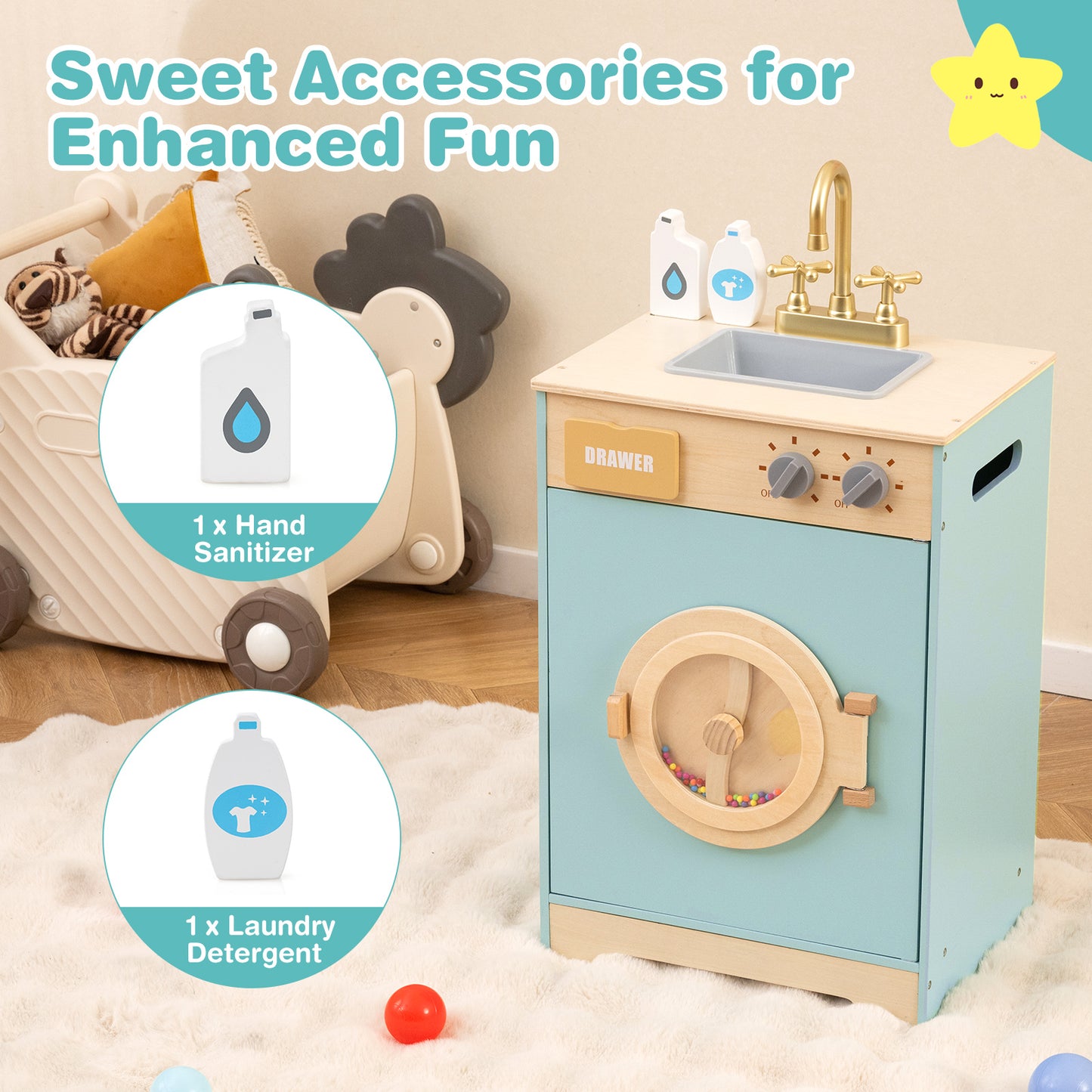 Kids Washer Playset Toy Washing Machine with Laundry Detergent and Hand Sanitizer-Blue