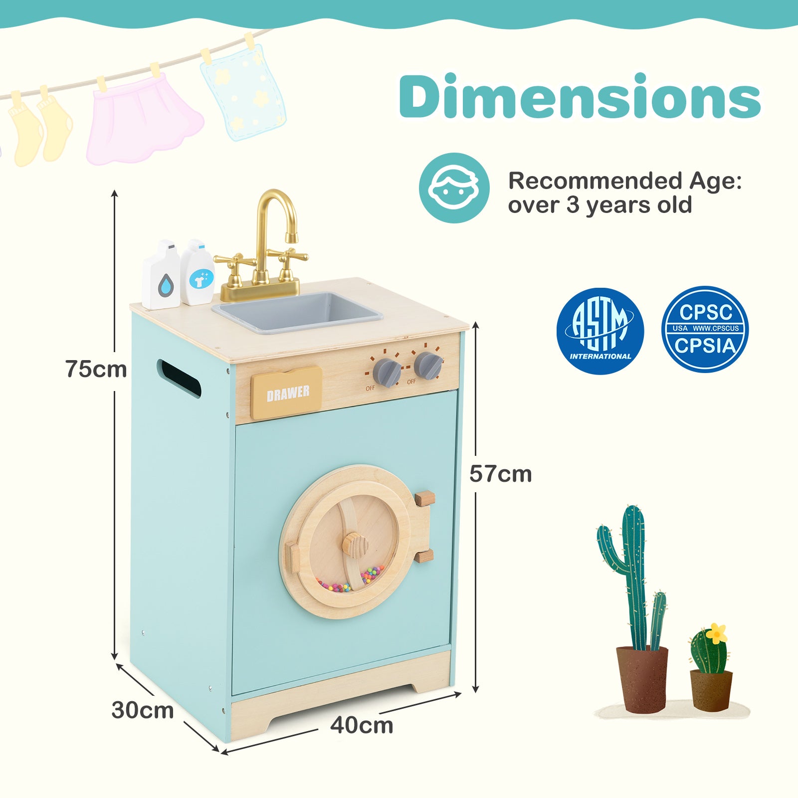 Kids Washer Playset Toy Washing Machine with Laundry Detergent and Hand Sanitizer-Blue