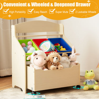 Kids Wooden Storage Cabinet with Rolling Casters Book Shelf Organizer-Natural