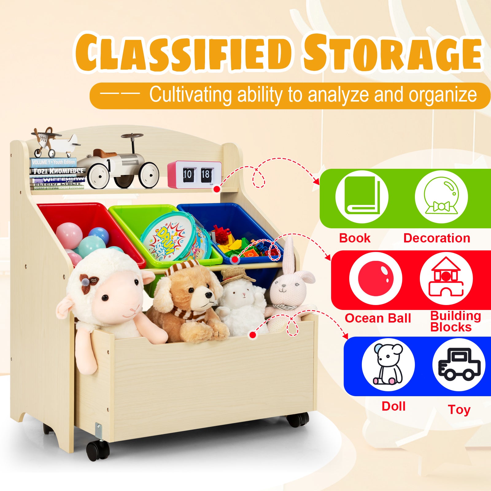Kids Wooden Storage Cabinet with Rolling Casters Book Shelf Organizer-Natural