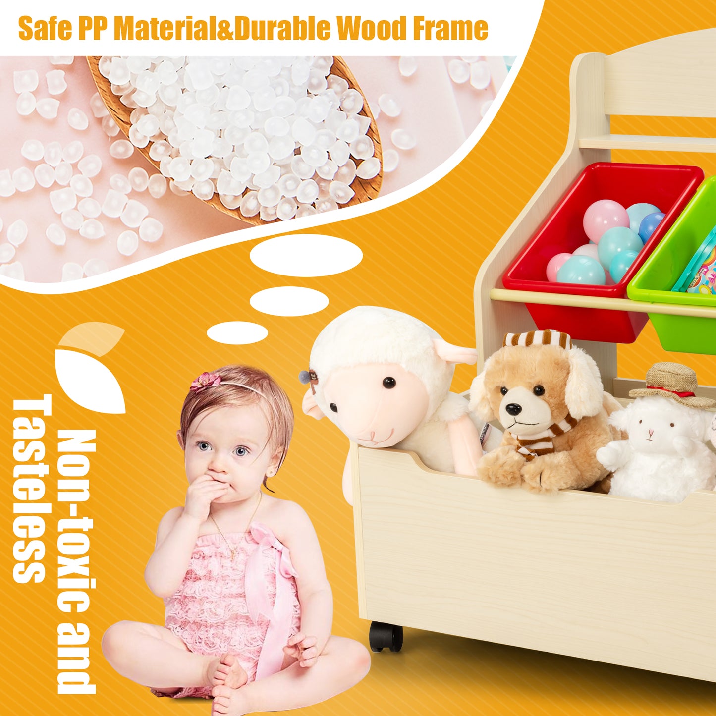 Kids Wooden Storage Cabinet with Rolling Casters Book Shelf Organizer-Natural
