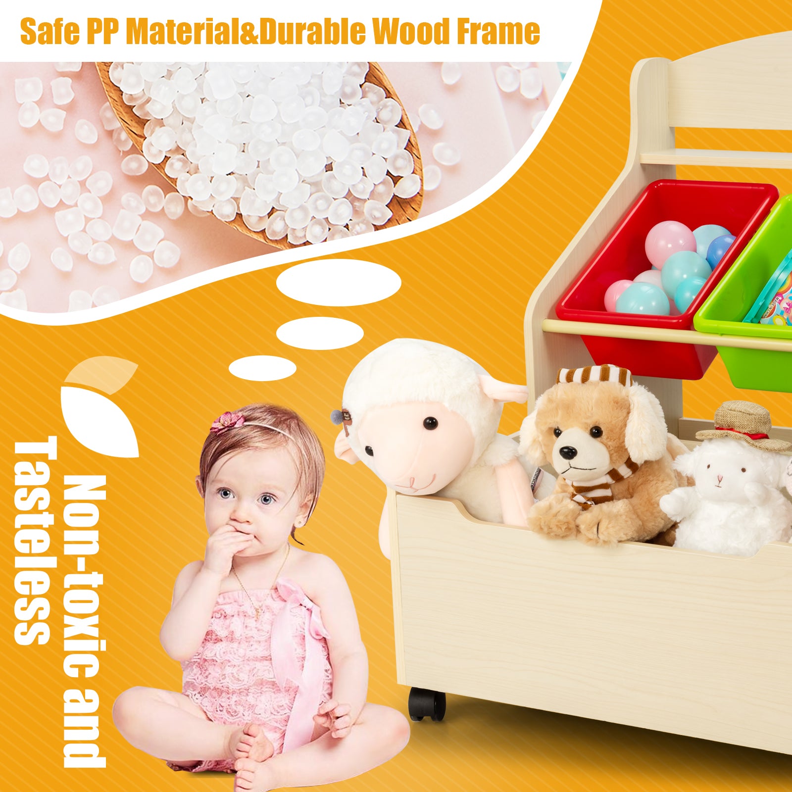 Kids Wooden Storage Cabinet with Rolling Casters Book Shelf Organizer-Natural