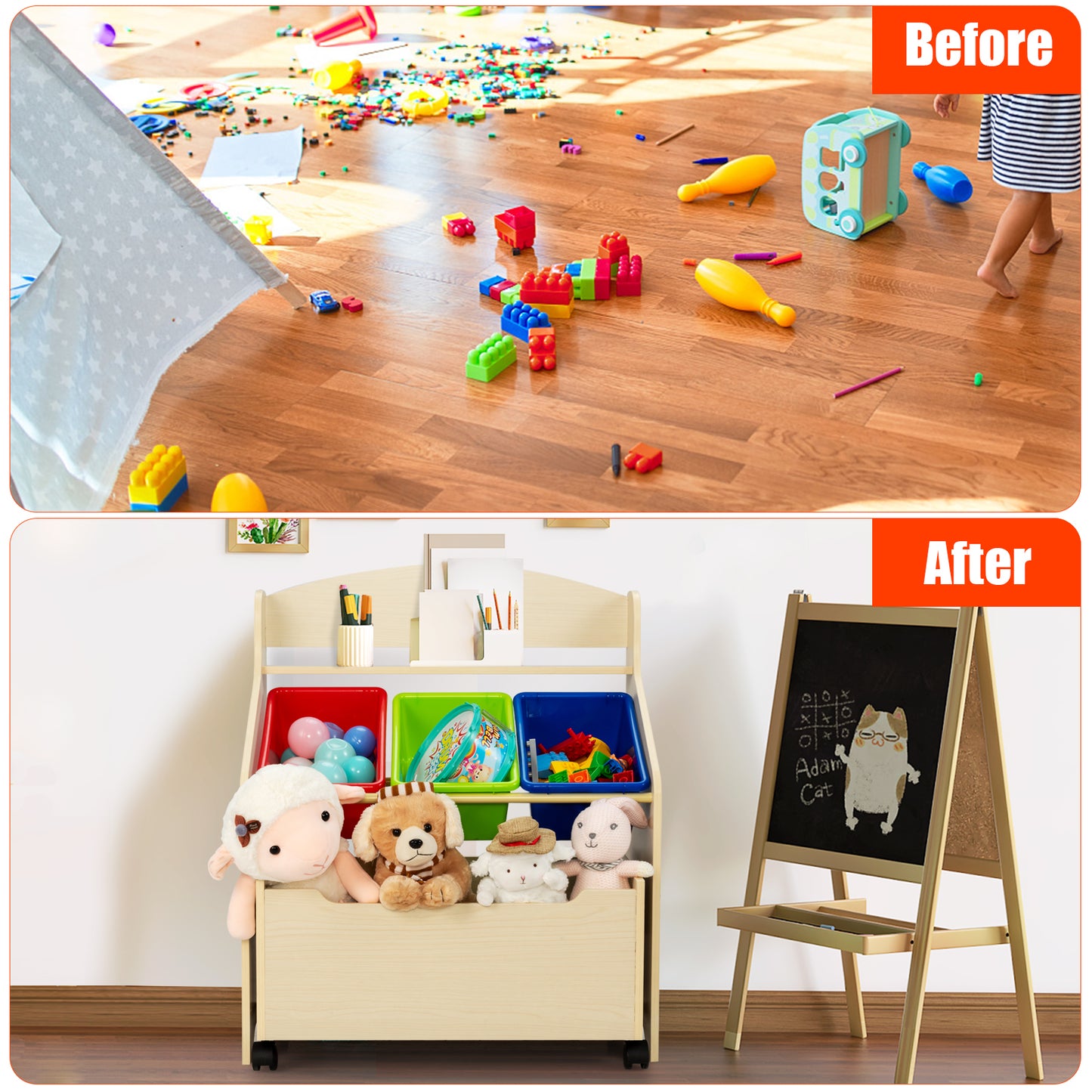 Kids Wooden Storage Cabinet with Rolling Casters Book Shelf Organizer-Natural