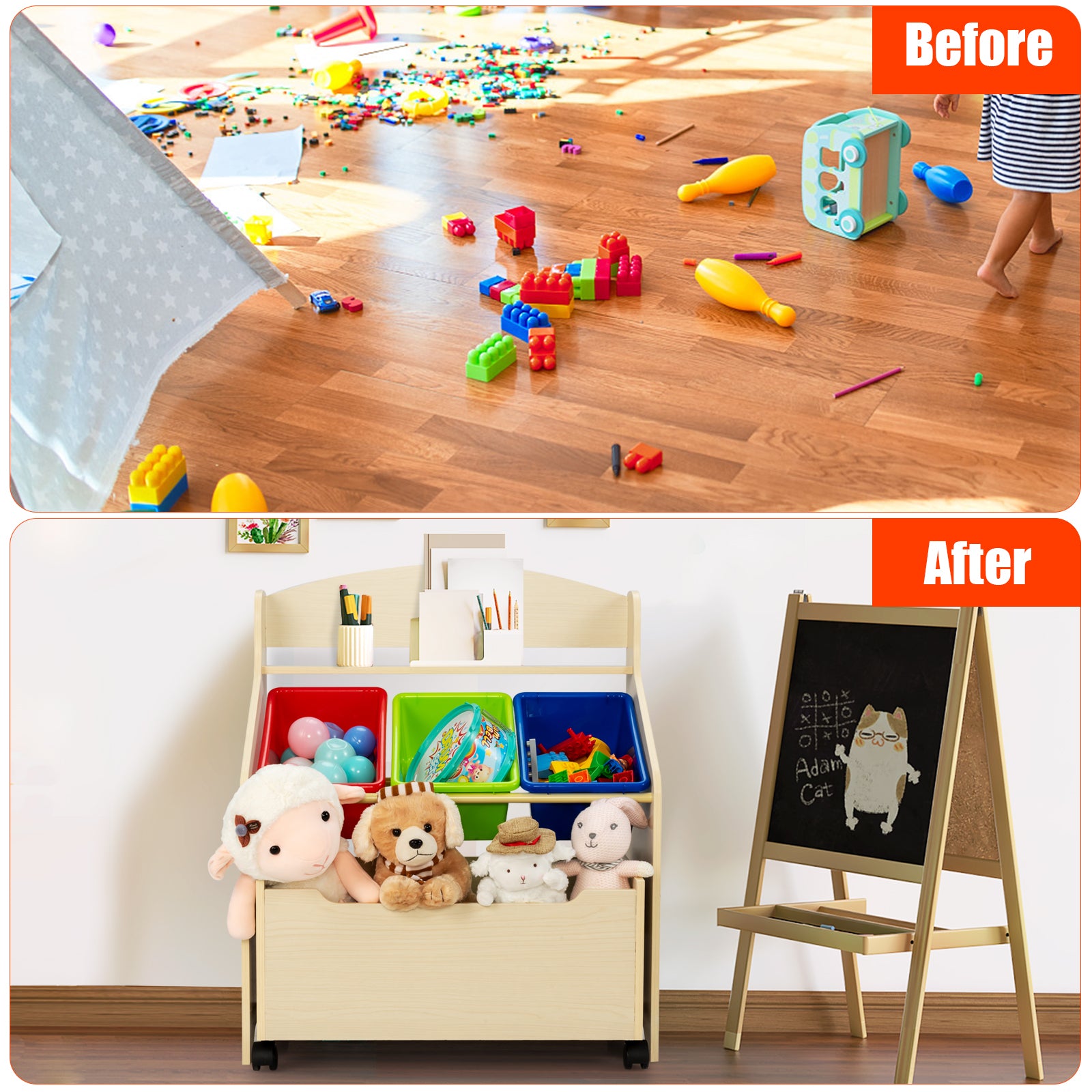 Kids Wooden Storage Cabinet with Rolling Casters Book Shelf Organizer-Natural