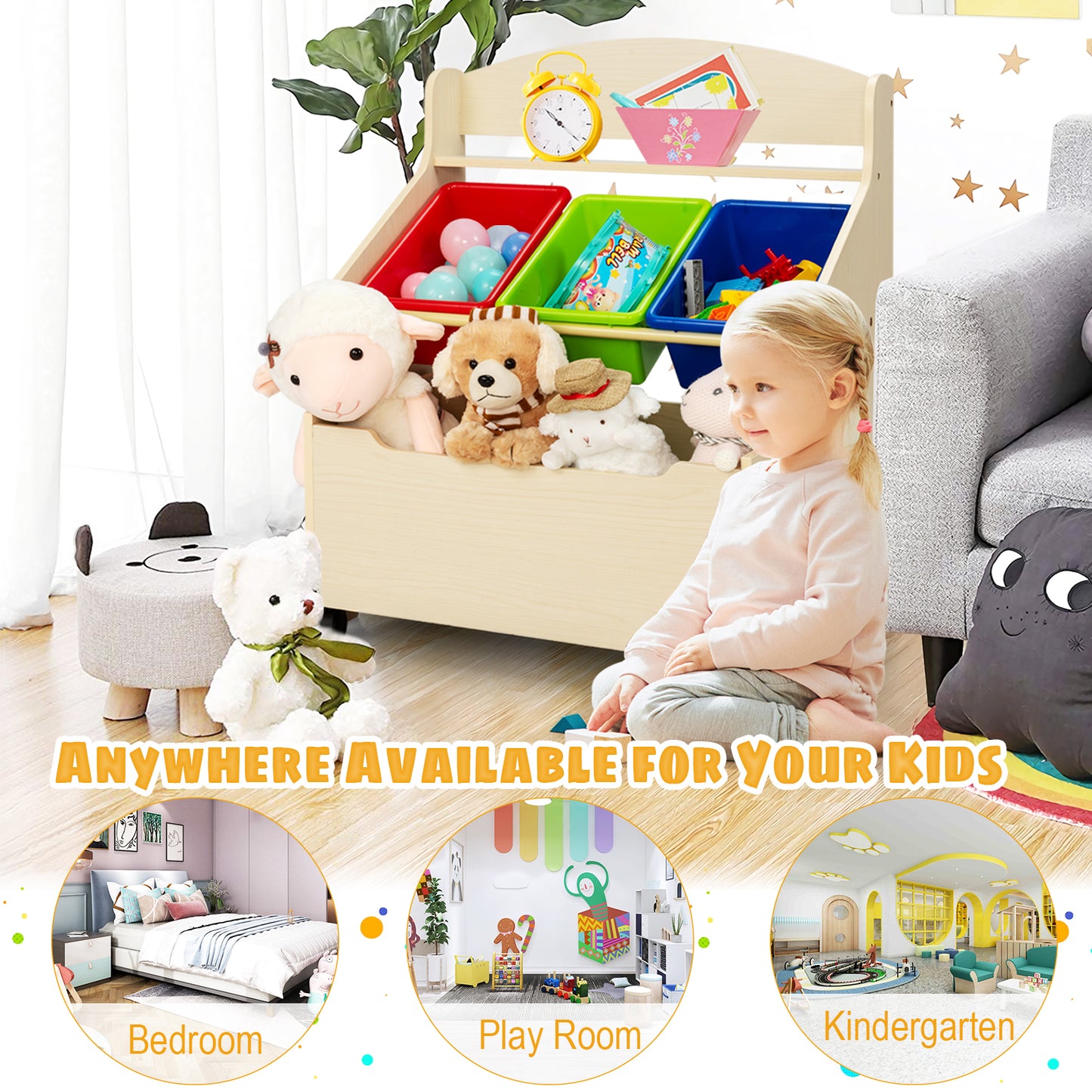 Kids Wooden Storage Cabinet with Rolling Casters Book Shelf Organizer-Natural