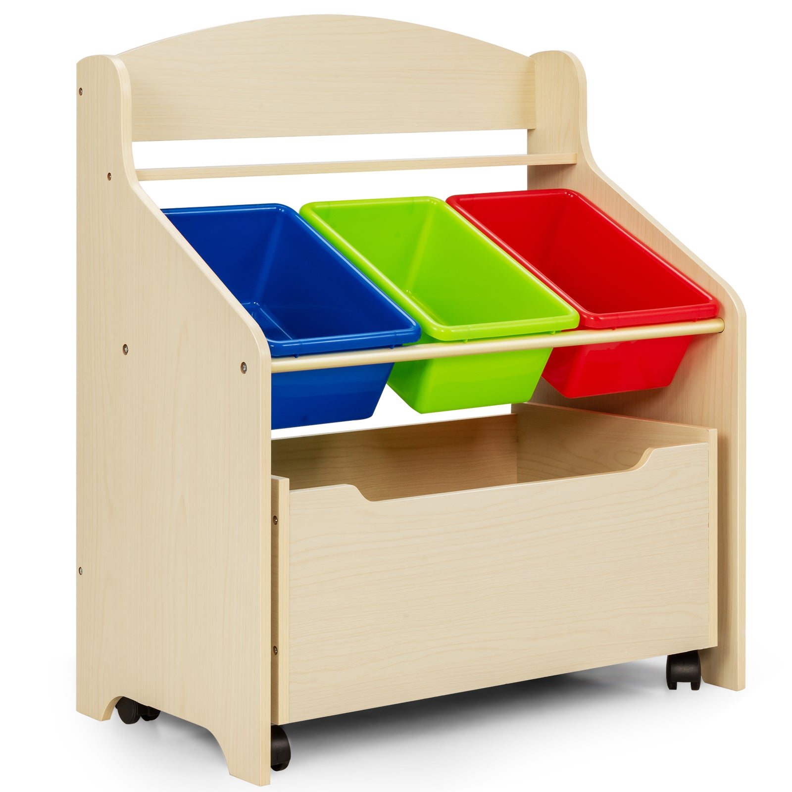 Kids Wooden Storage Cabinet with Rolling Casters Book Shelf Organizer-Natural