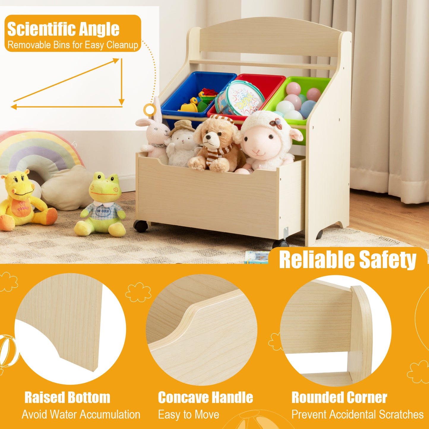 Kids Wooden Storage Cabinet with Rolling Casters Book Shelf Organizer-Natural