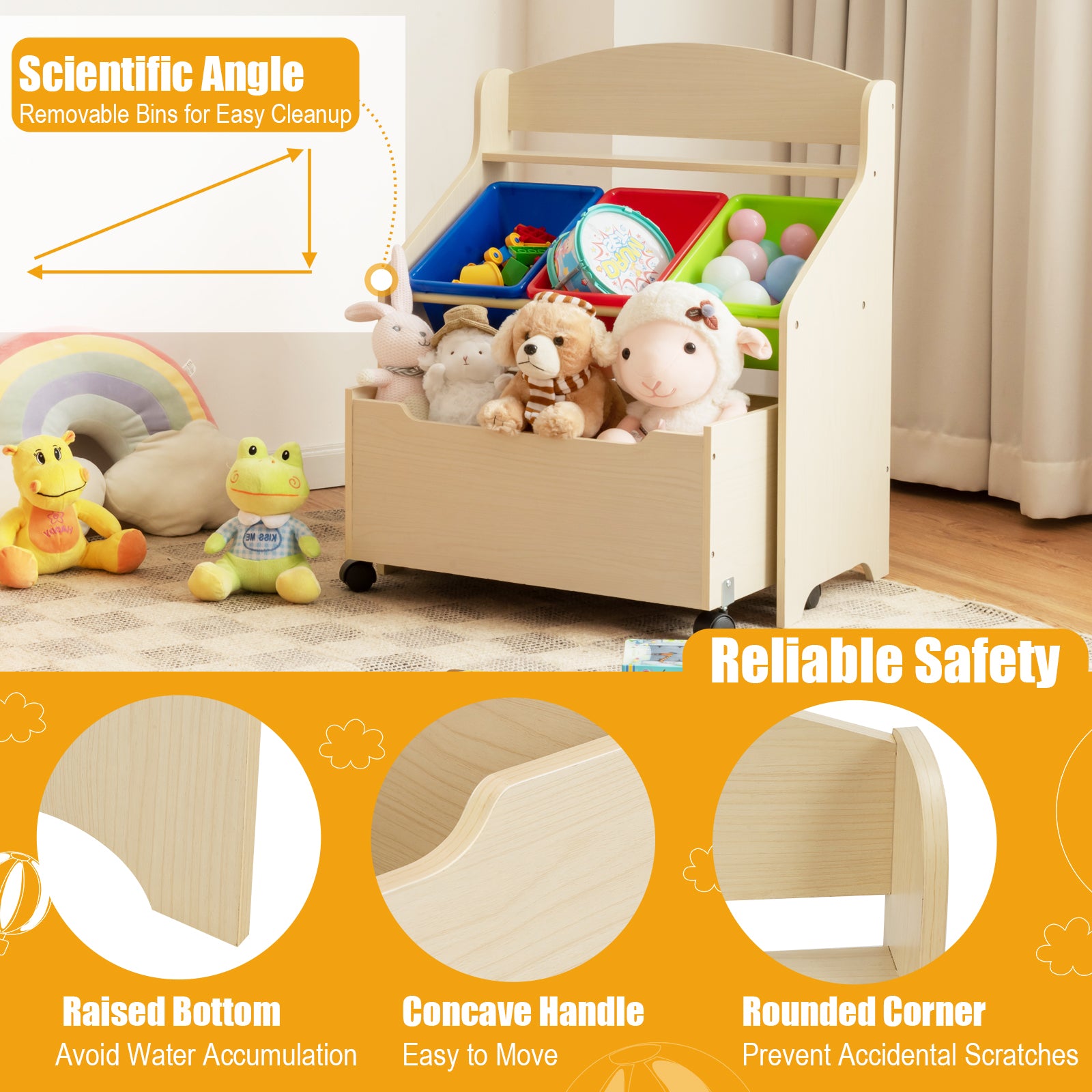 Kids Wooden Storage Cabinet with Rolling Casters Book Shelf Organizer-Natural