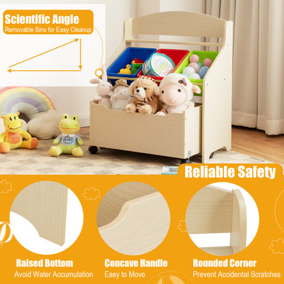 Kids Wooden Storage Cabinet with Rolling Casters Book Shelf Organizer-Natural