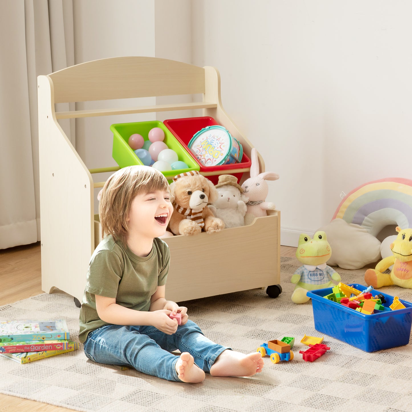 Kids Wooden Storage Cabinet with Rolling Casters Book Shelf Organizer-Natural