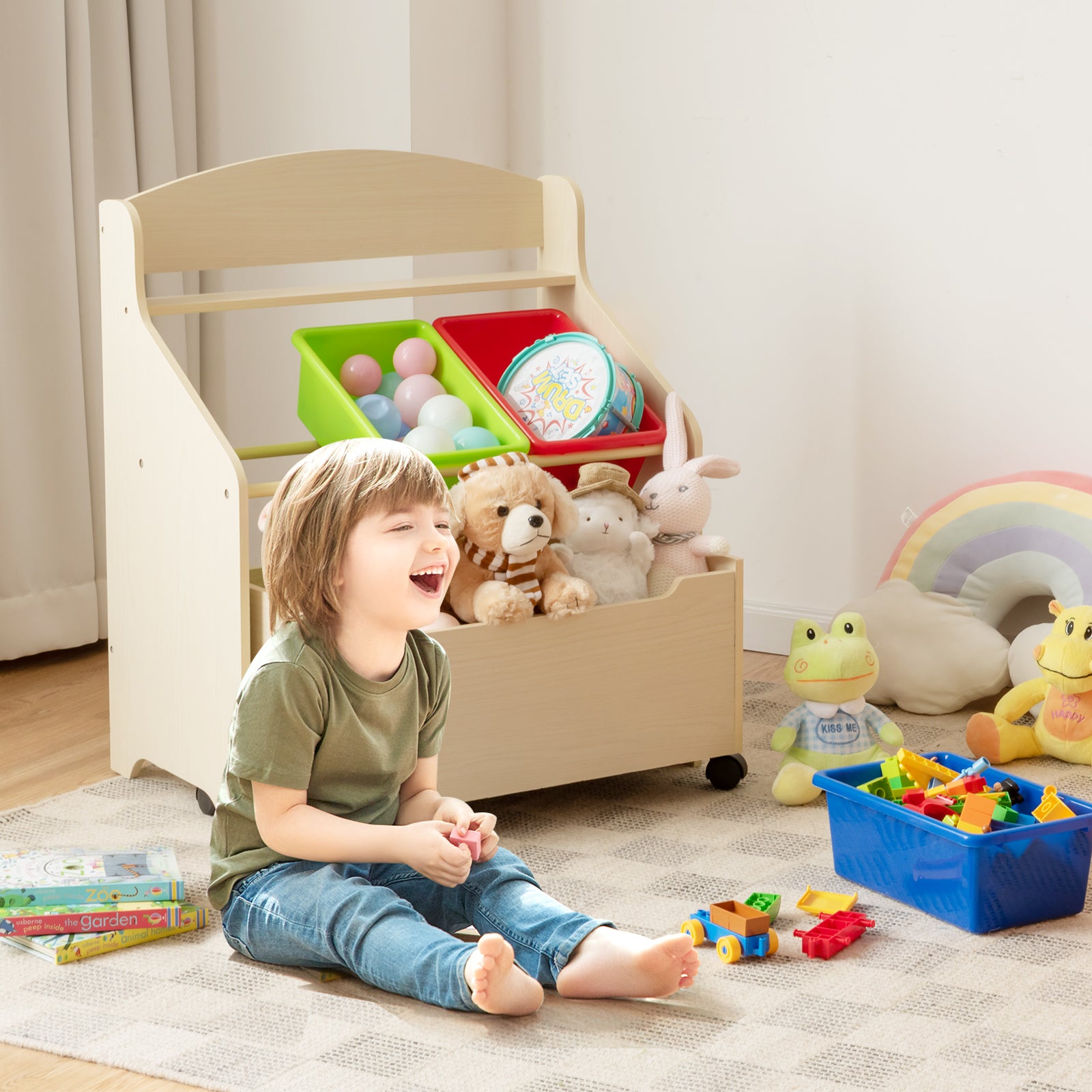 Kids Wooden Storage Cabinet with Rolling Casters Book Shelf Organizer-Natural