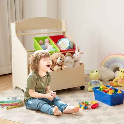 Kids Wooden Storage Cabinet with Rolling Casters Book Shelf Organizer-Natural