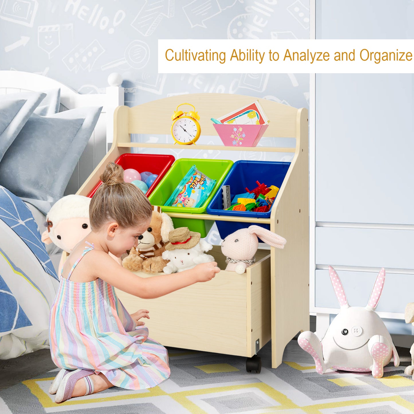 Kids Wooden Storage Cabinet with Rolling Casters Book Shelf Organizer-Natural