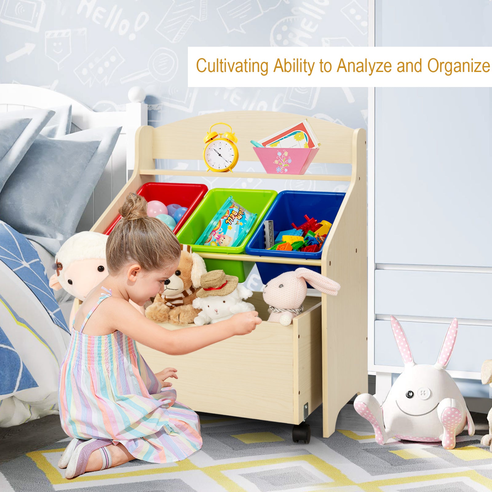 Kids Wooden Storage Cabinet with Rolling Casters Book Shelf Organizer-Natural