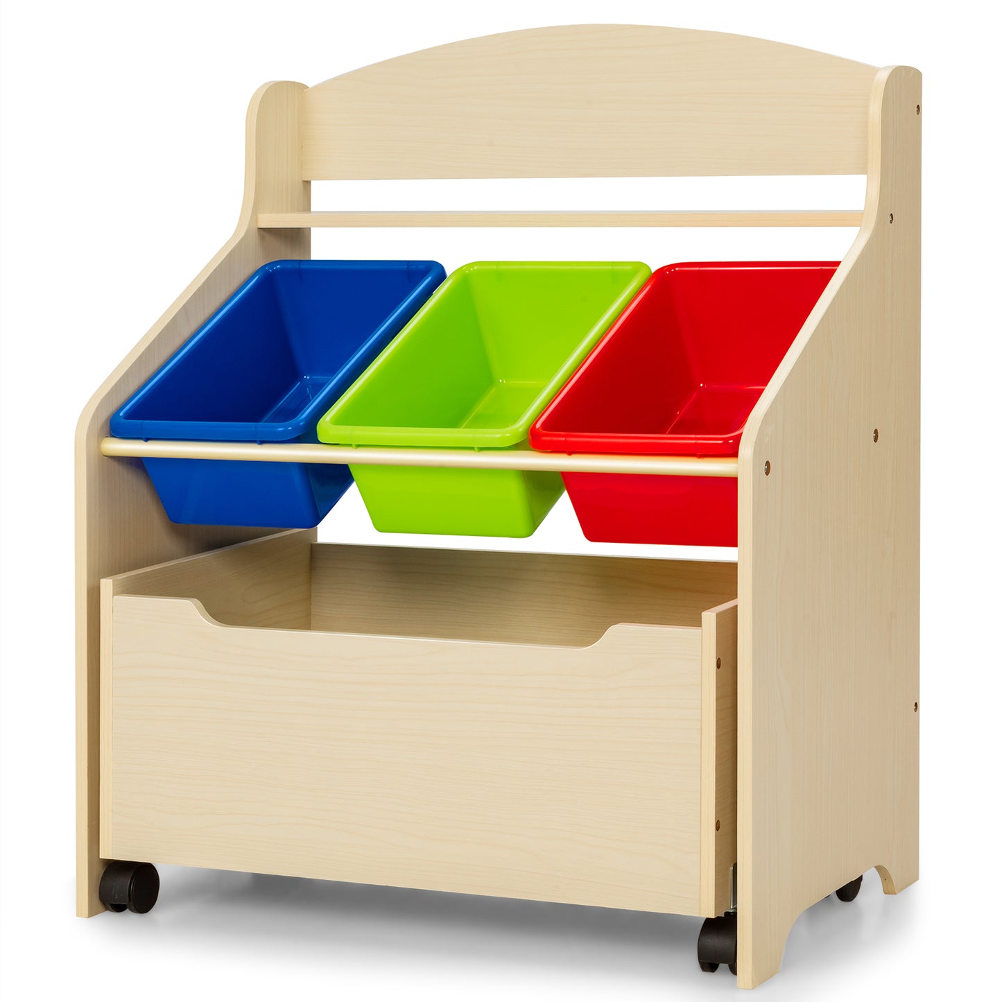 Kids Wooden Storage Cabinet with Rolling Casters Book Shelf Organizer-Natural