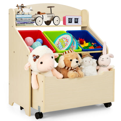 Kids Wooden Storage Cabinet with Rolling Casters Book Shelf Organizer-Natural