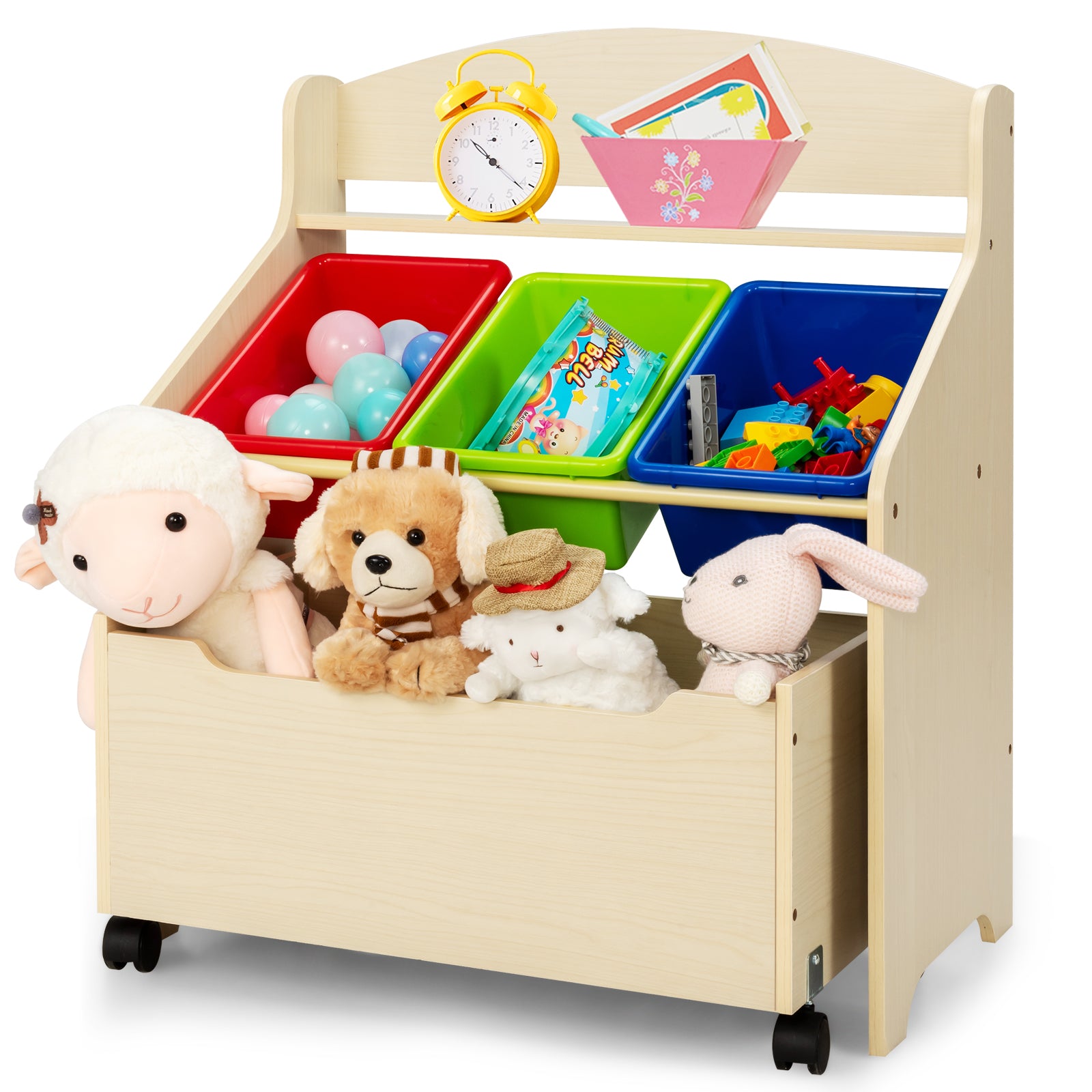 Kids Wooden Storage Cabinet with Rolling Casters Book Shelf Organizer-Natural