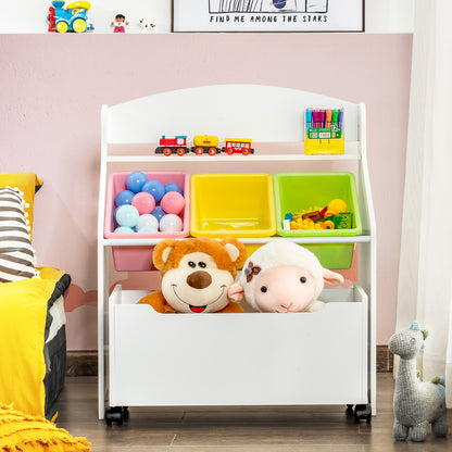 Kids Wooden Storage Cabinet with Rolling Casters Book Shelf Organizer-White