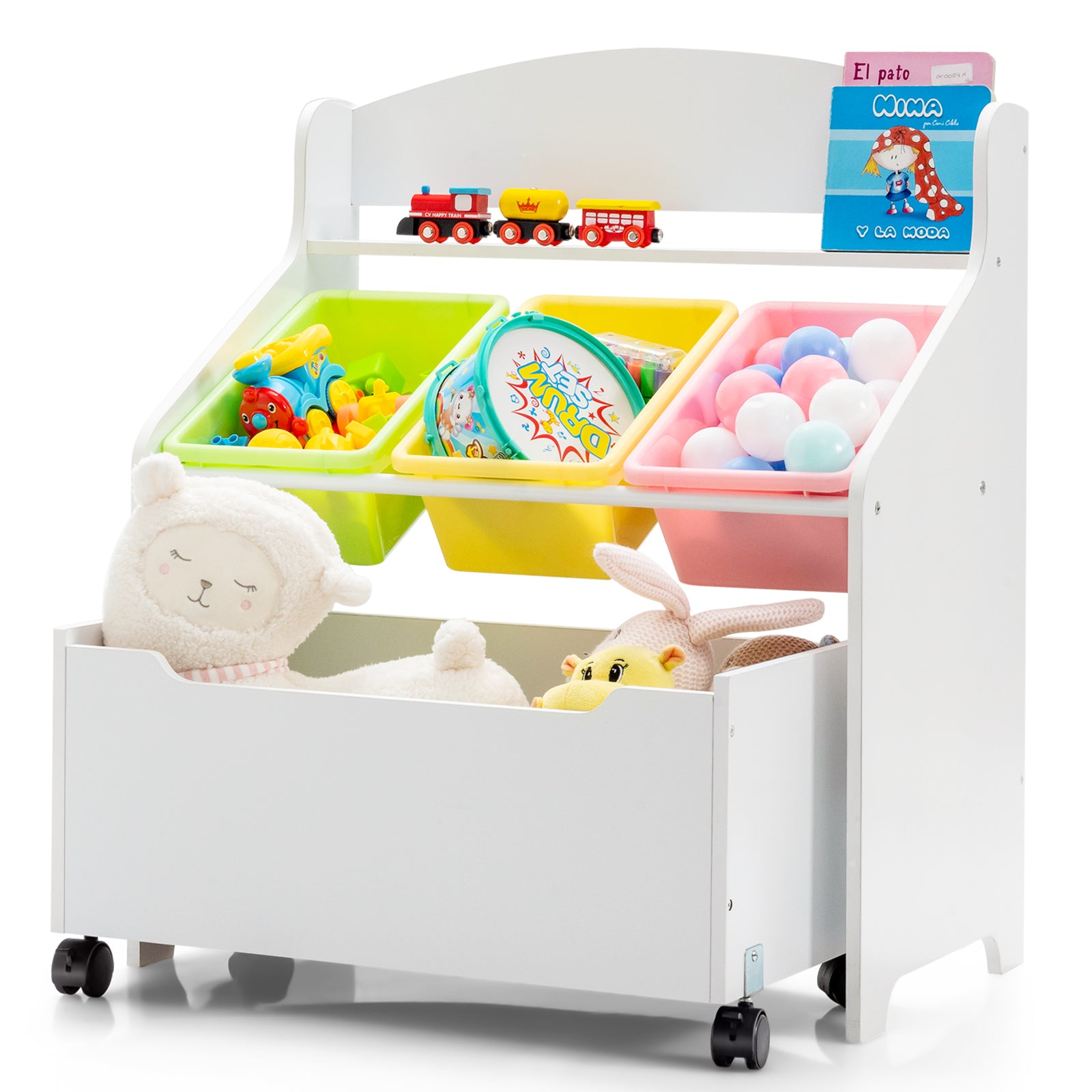 Kids Wooden Storage Cabinet with Rolling Casters Book Shelf Organizer-White