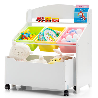Kids Wooden Storage Cabinet with Rolling Casters Book Shelf Organizer-White