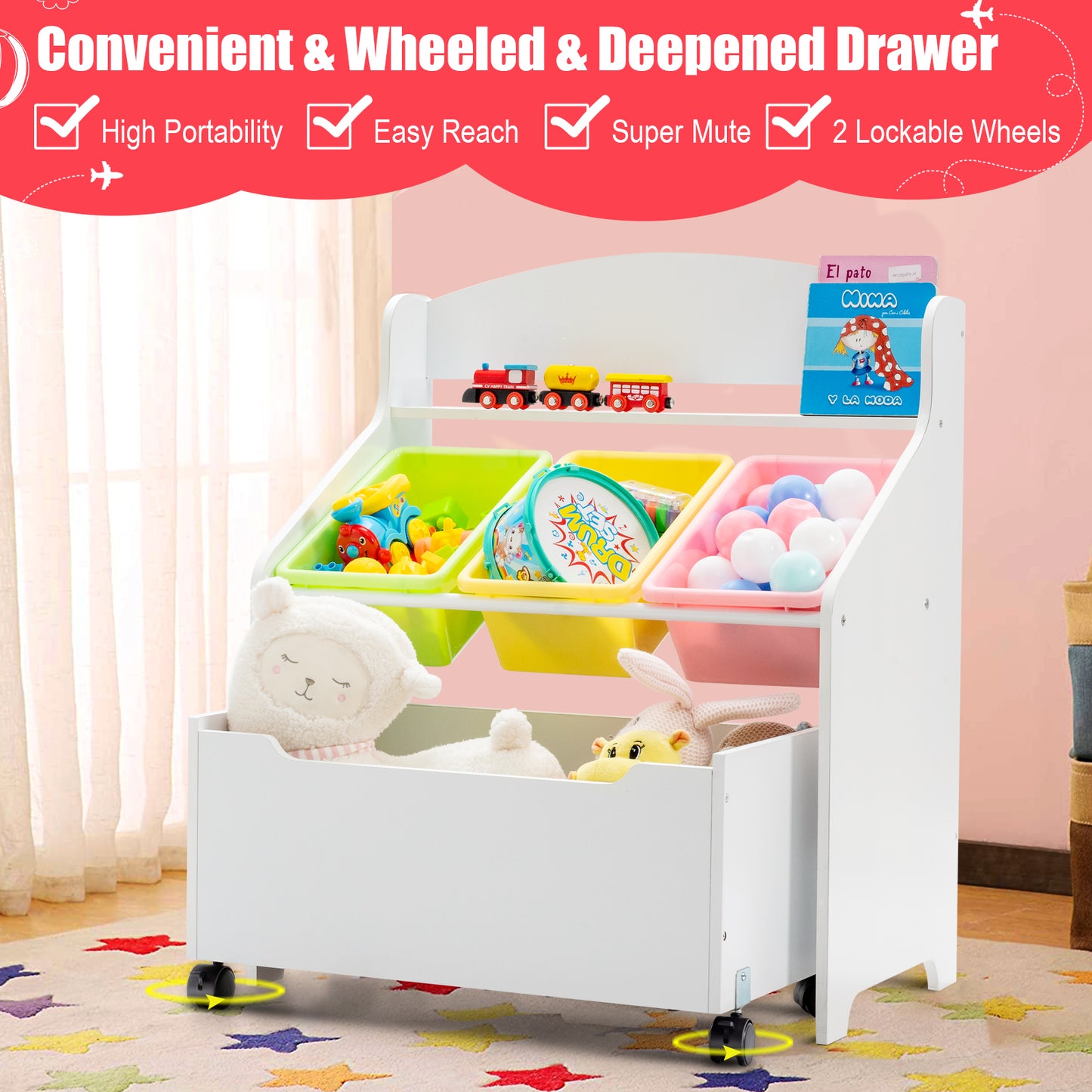 Kids Wooden Storage Cabinet with Rolling Casters Book Shelf Organizer-White