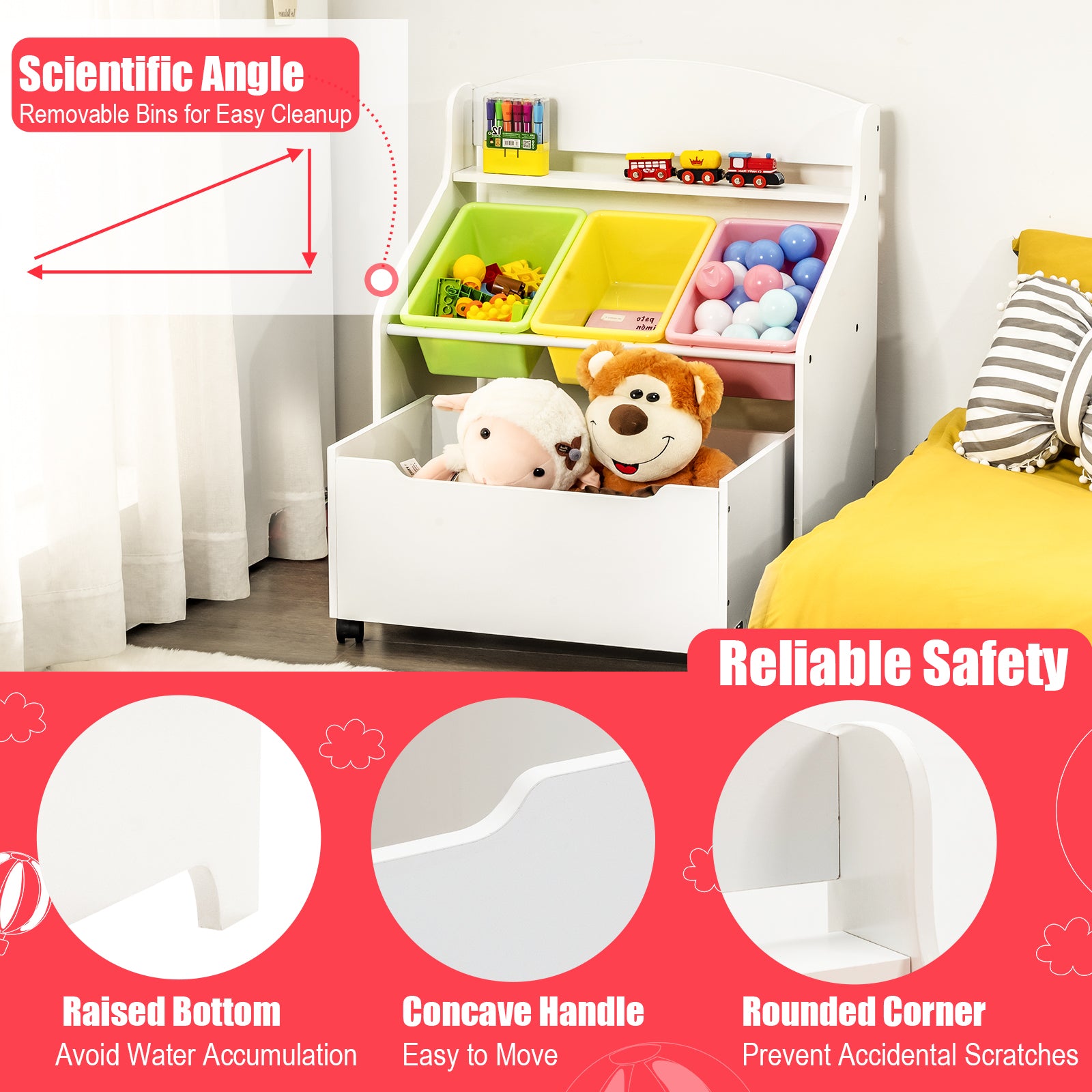 Kids Wooden Storage Cabinet with Rolling Casters Book Shelf Organizer-White