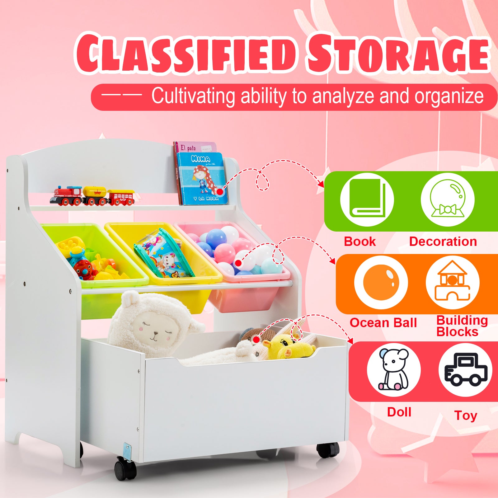 Kids Wooden Storage Cabinet with Rolling Casters Book Shelf Organizer-White