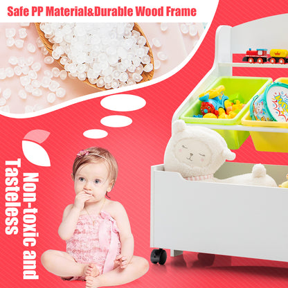 Kids Wooden Storage Cabinet with Rolling Casters Book Shelf Organizer-White