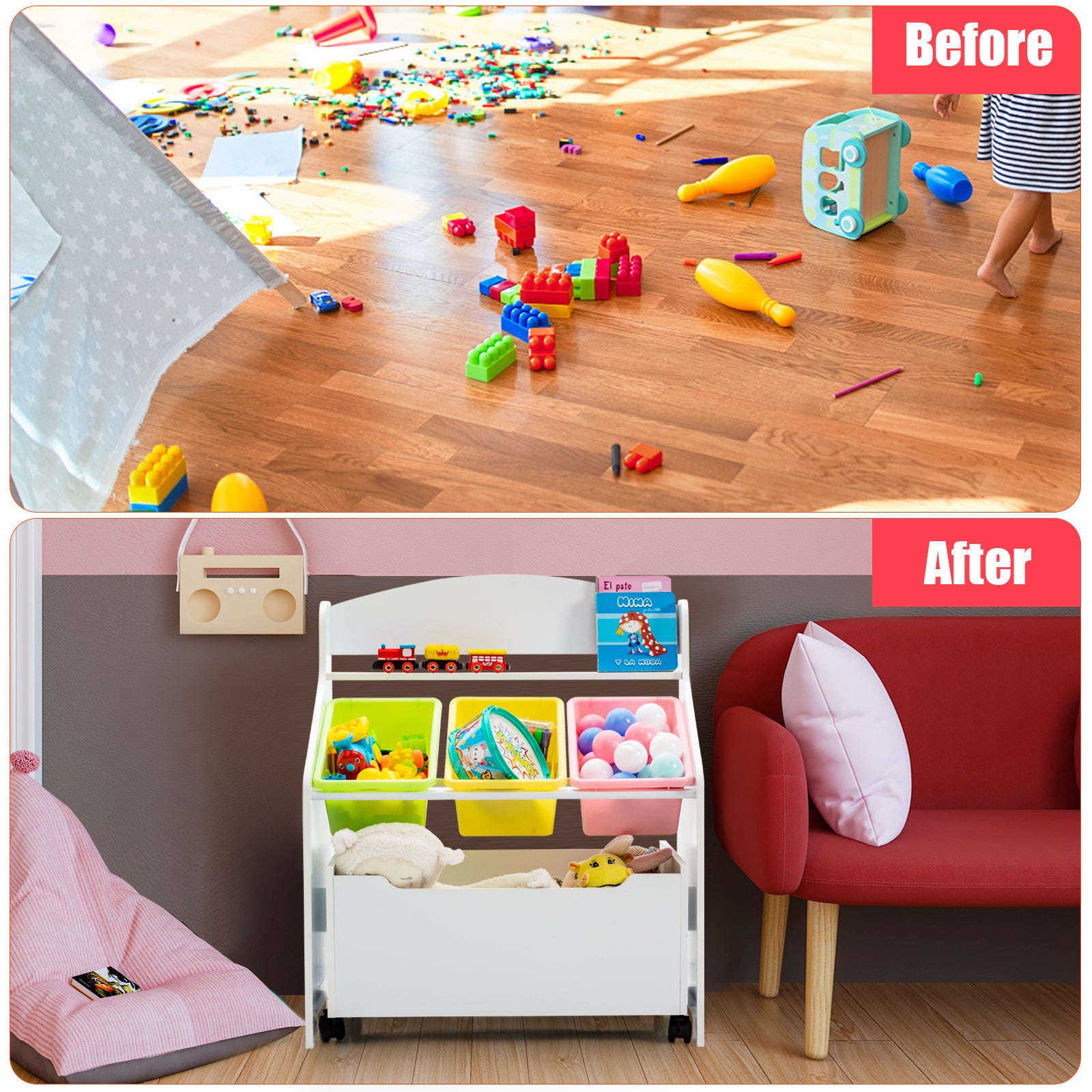 Kids Wooden Storage Cabinet with Rolling Casters Book Shelf Organizer-White