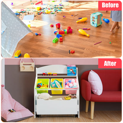 Kids Wooden Storage Cabinet with Rolling Casters Book Shelf Organizer-White