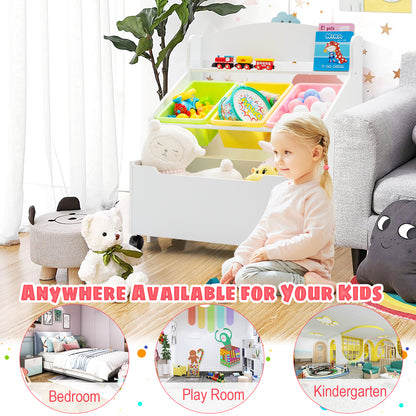 Kids Wooden Storage Cabinet with Rolling Casters Book Shelf Organizer-White