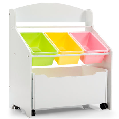 Kids Wooden Storage Cabinet with Rolling Casters Book Shelf Organizer-White