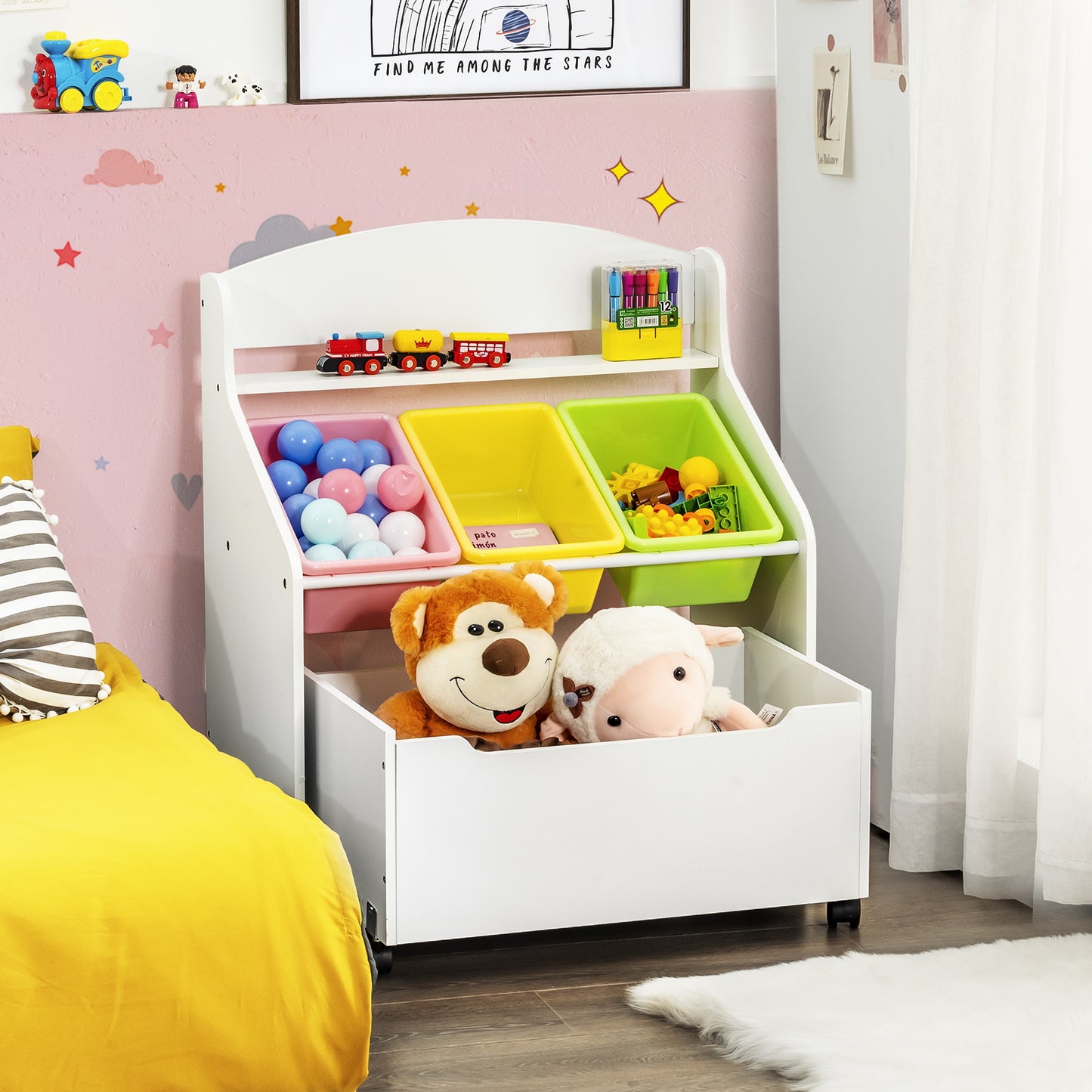 Kids Wooden Storage Cabinet with Rolling Casters Book Shelf Organizer-White