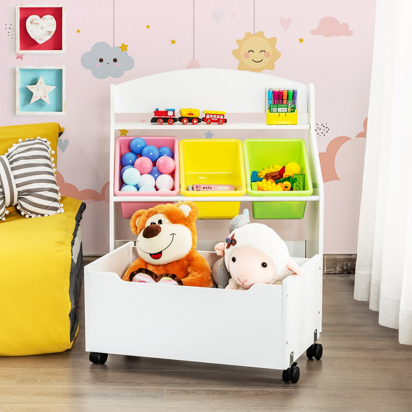 Kids Wooden Storage Cabinet with Rolling Casters Book Shelf Organizer-White