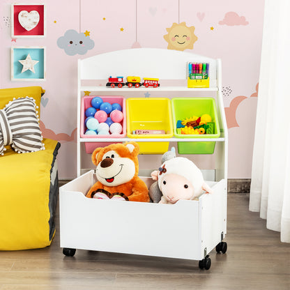 Kids Wooden Storage Cabinet with Rolling Casters Book Shelf Organizer-White