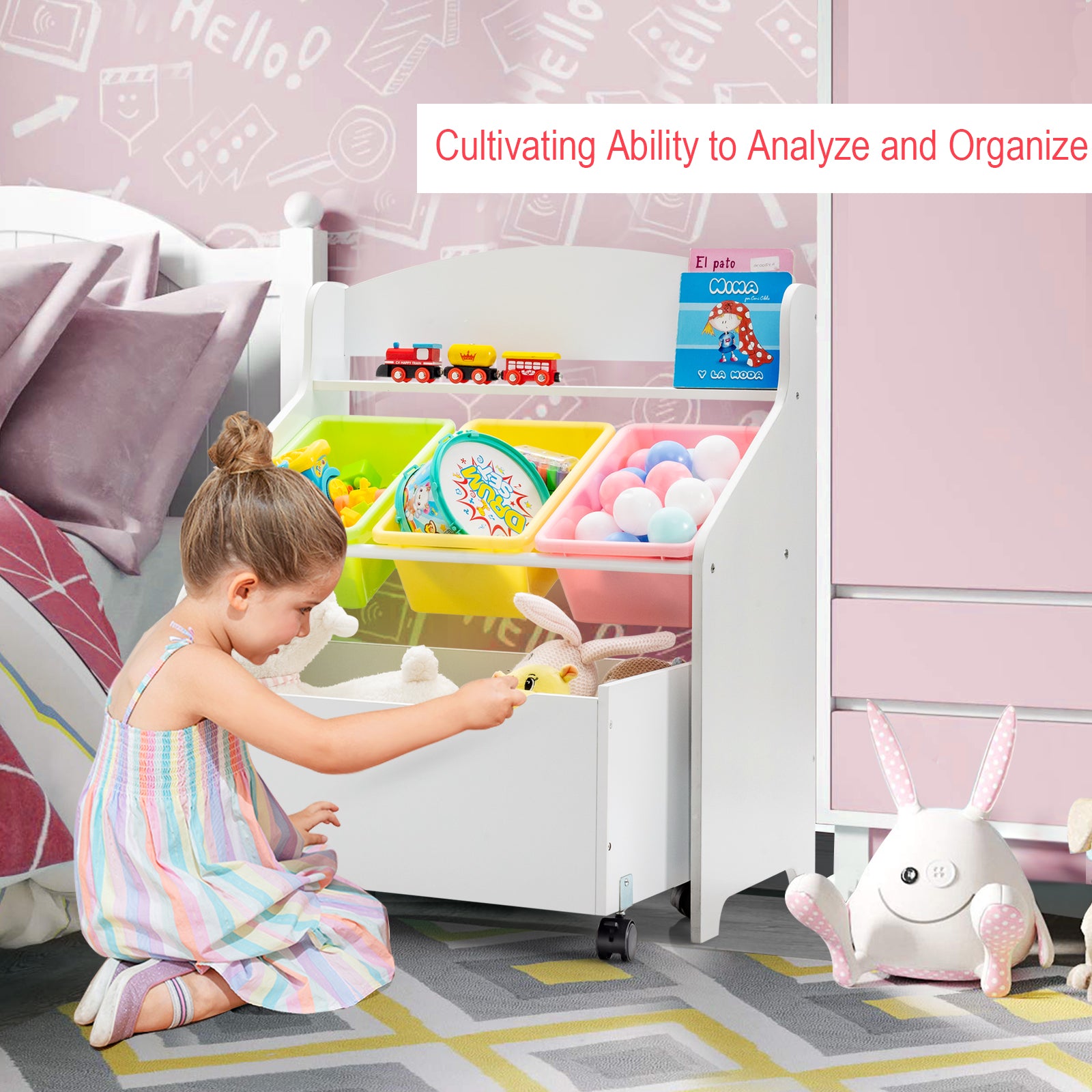 Kids Wooden Storage Cabinet with Rolling Casters Book Shelf Organizer-White