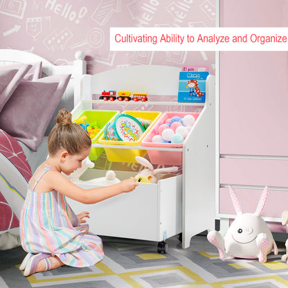 Kids Wooden Storage Cabinet with Rolling Casters Book Shelf Organizer-White